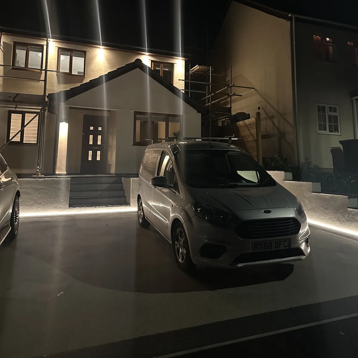 Fascia spotlights — The front elevation after dark